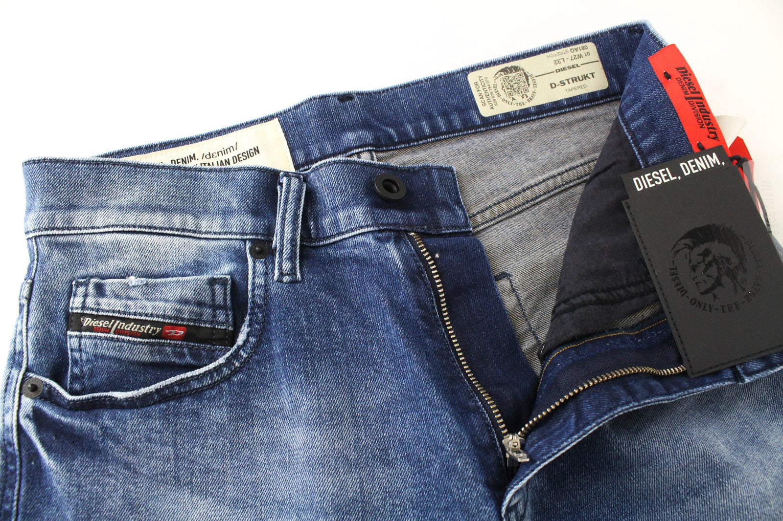 DIESEL D-Strukt 081AQ vyriški W27/L32 plėšyti siaurėjantys mėlyni medvilniniai tamprūs džinsai 