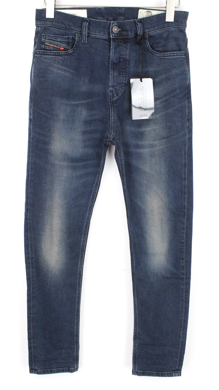 DIESEL D-Vider 084AU vyriški tamsiai mėlyni W27/L32 morkų kirpimo tamprūs džinsai su sagomis 