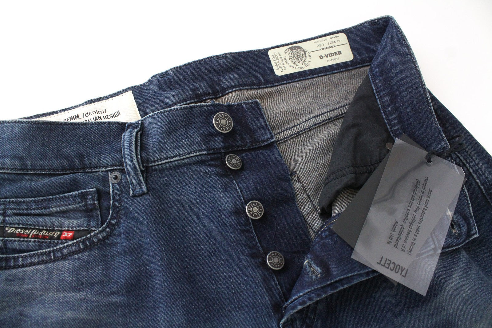 DIESEL D-Vider 084AU vyriški tamsiai mėlyni W27/L32 morkų kirpimo tamprūs džinsai su sagomis 