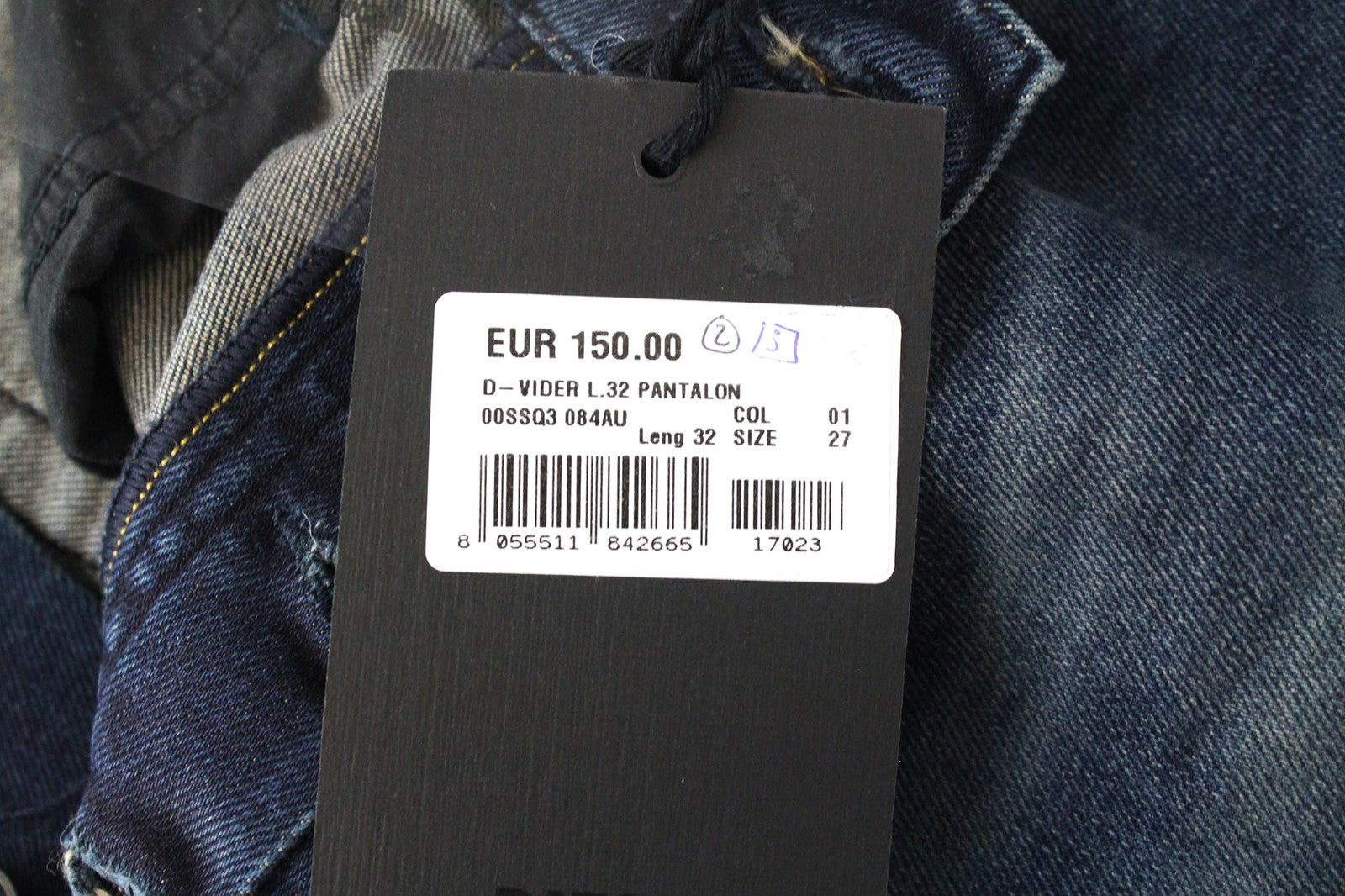 DIESEL D-Vider 084AU vyriški tamsiai mėlyni W27/L32 morkų kirpimo tamprūs džinsai su sagomis 