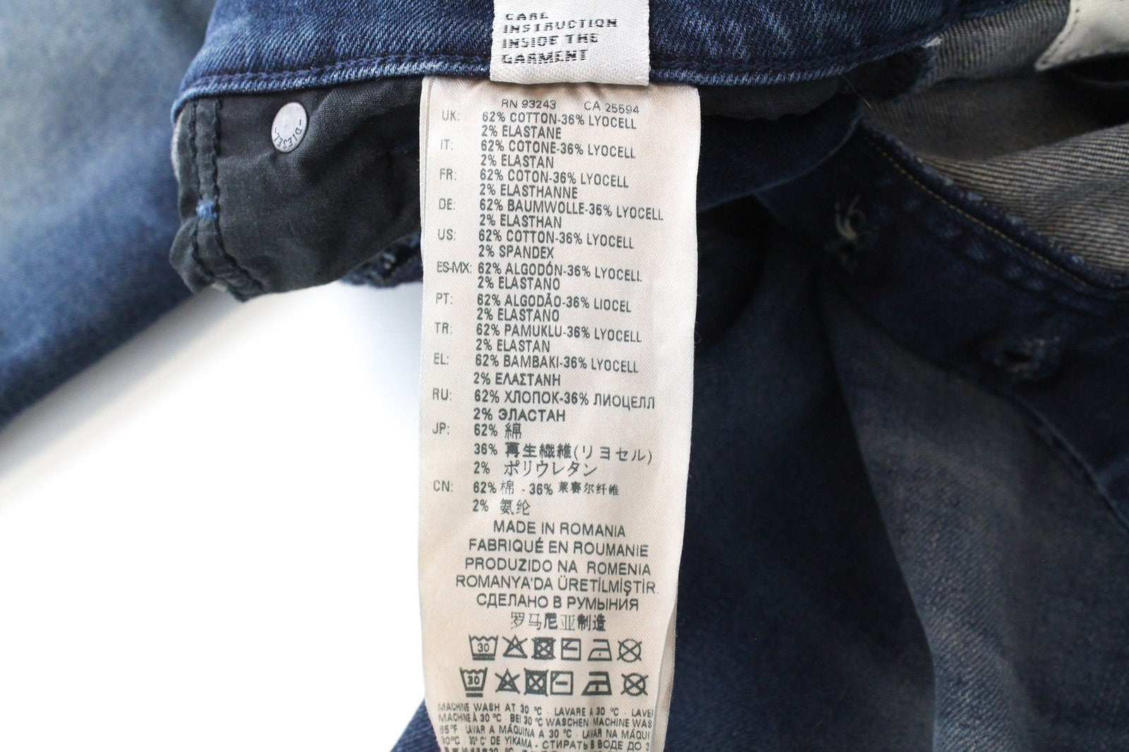 DIESEL D-Vider 084AU vyriški tamsiai mėlyni W27/L32 morkų kirpimo tamprūs džinsai su sagomis 