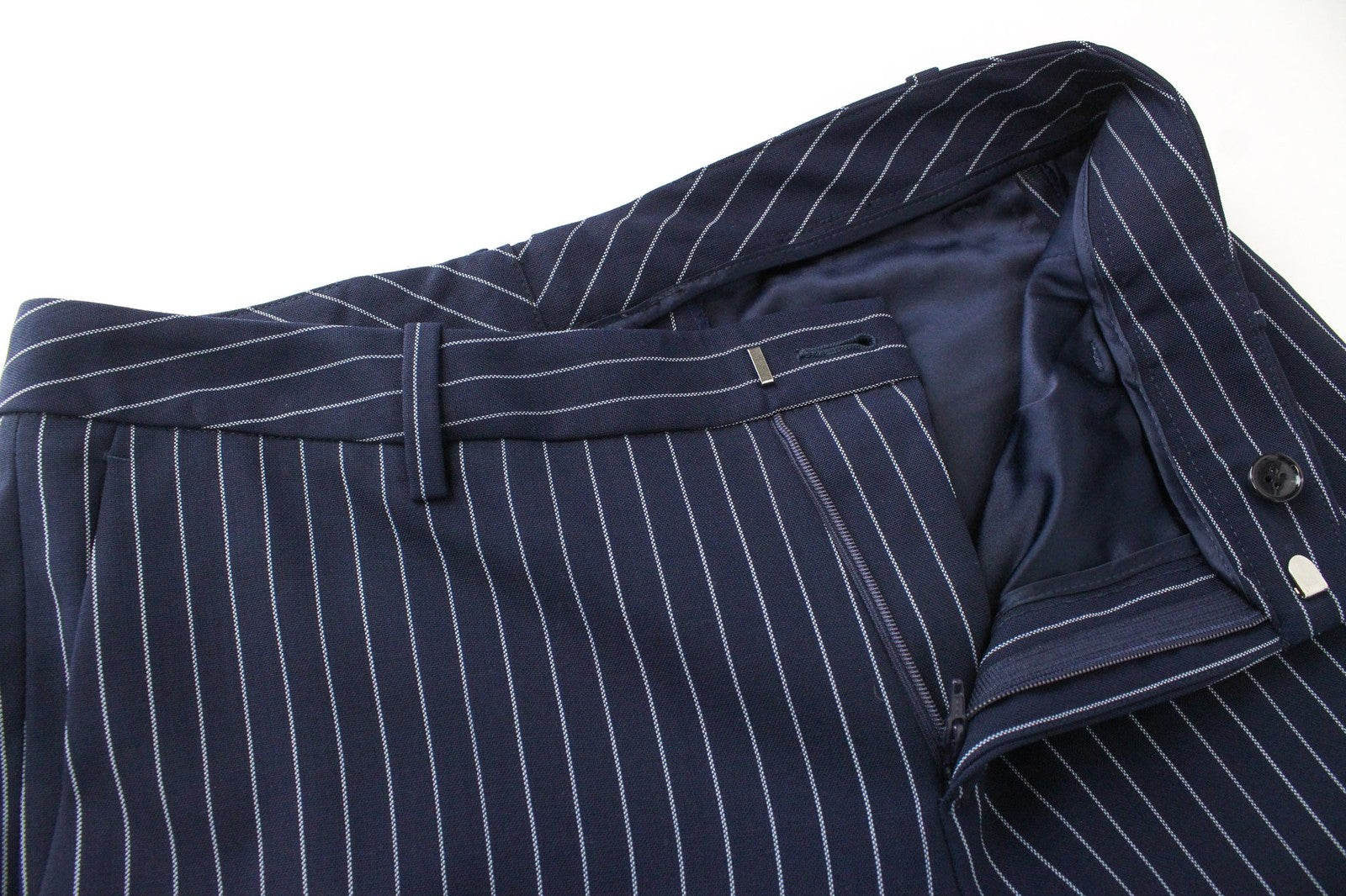 SUISTUDIO Oakley moteriškos kelnės UK12S tamsiai mėlynos dryžuotos grynos vilnos klostuotos kelnės 