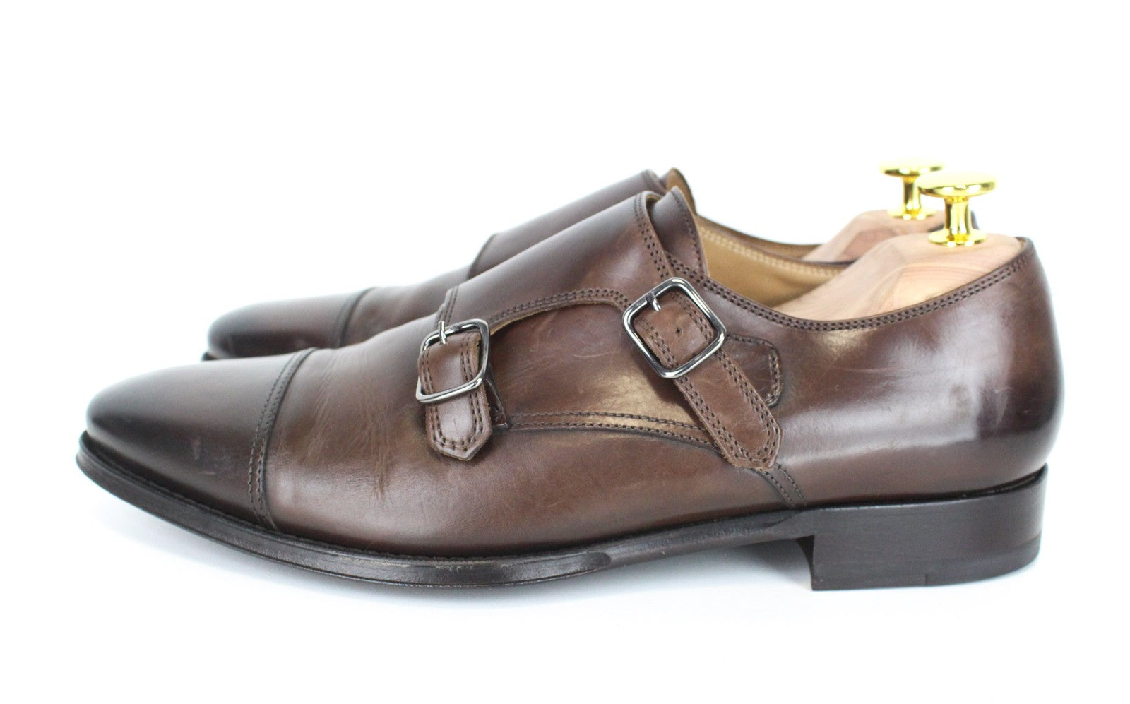 SUITSUPPLY Men's Shoes EU40.5 Brown Double Buckle Formal Genuine Leather