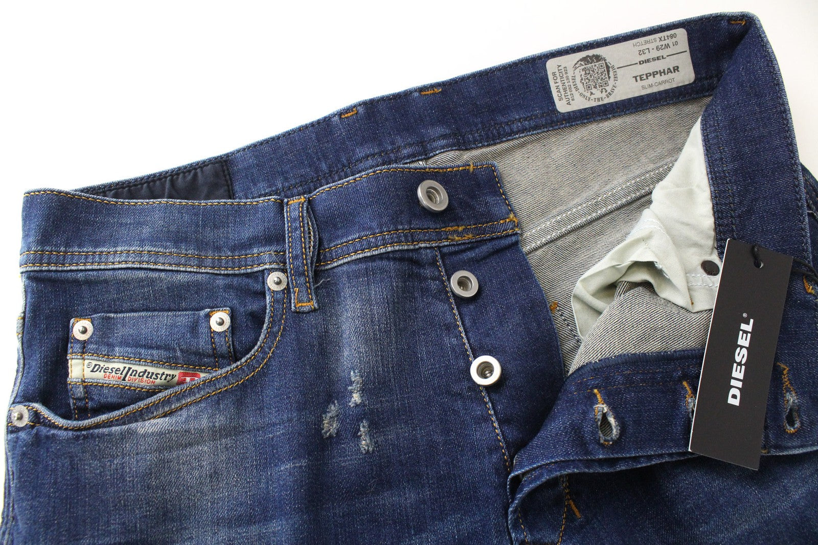 DIESEL Tepphar 084TX vyriški batai W29/L32 plėšyti, ploni, morkų rašto, tamprūs, mėlyni 