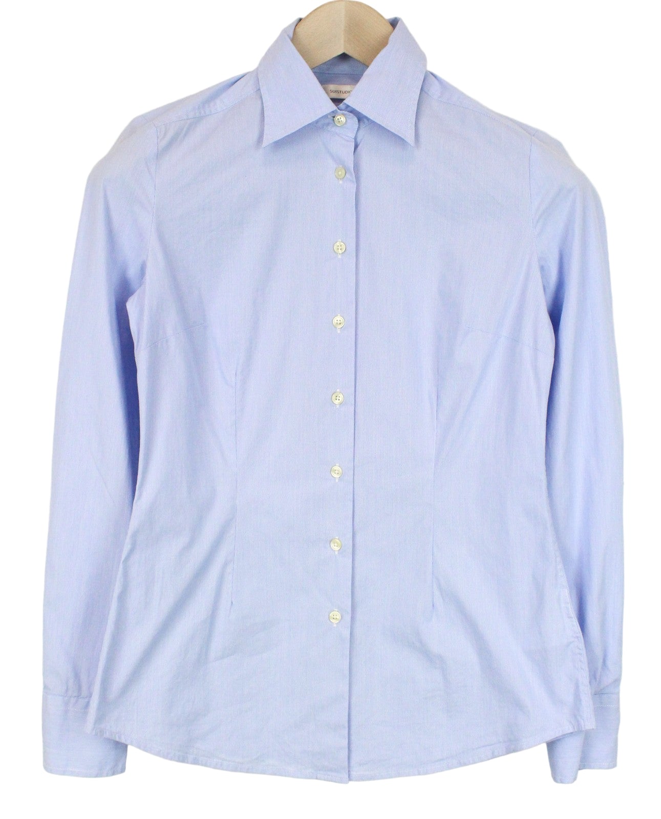 SUITSUPPLY moteriški marškinėliai EU34R mėlyni tamprūs medvilnės mišinio formalūs ilgomis rankovėmis 