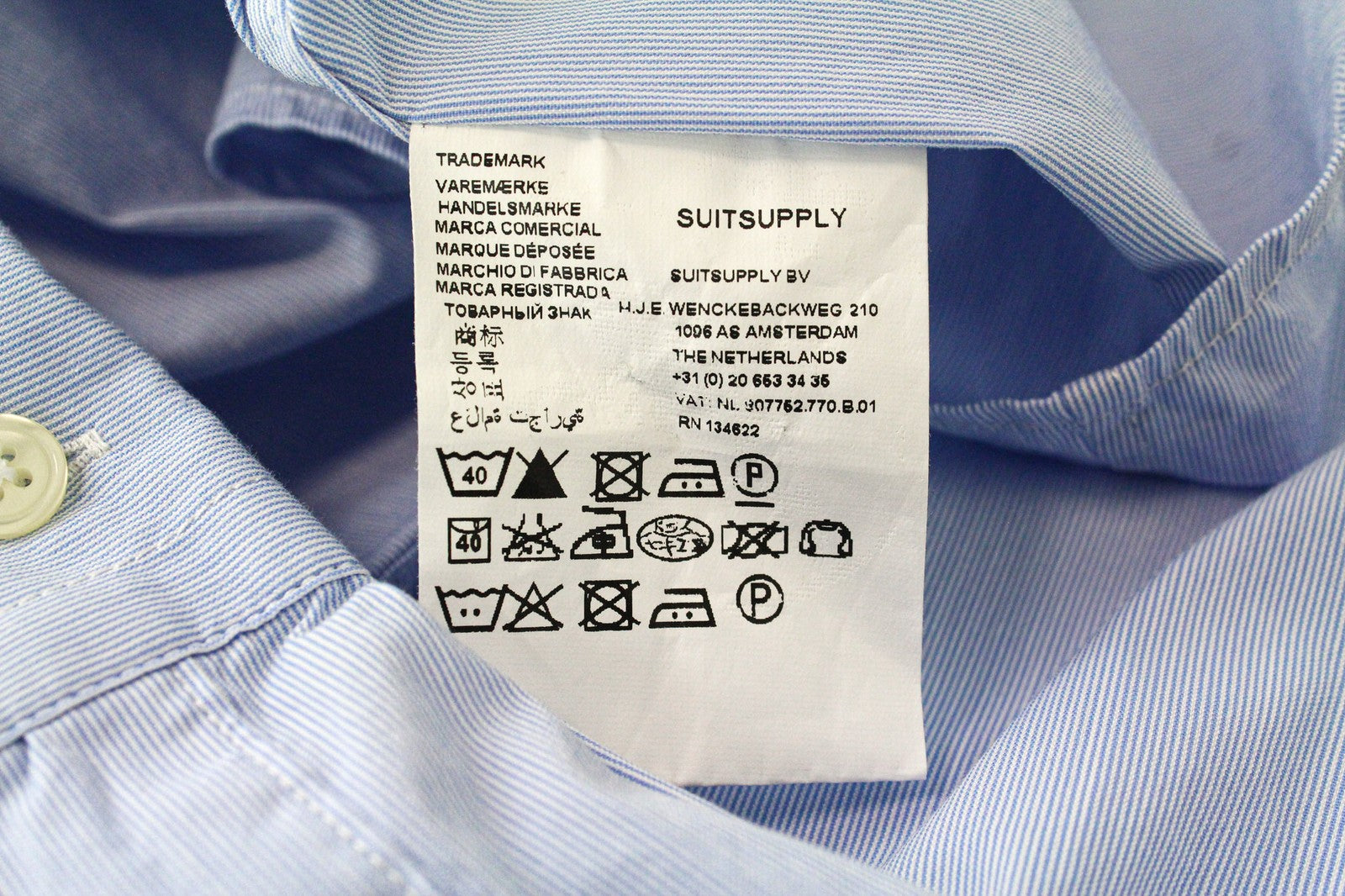 SUITSUPPLY moteriški marškinėliai EU34R mėlyni tamprūs medvilnės mišinio formalūs ilgomis rankovėmis 