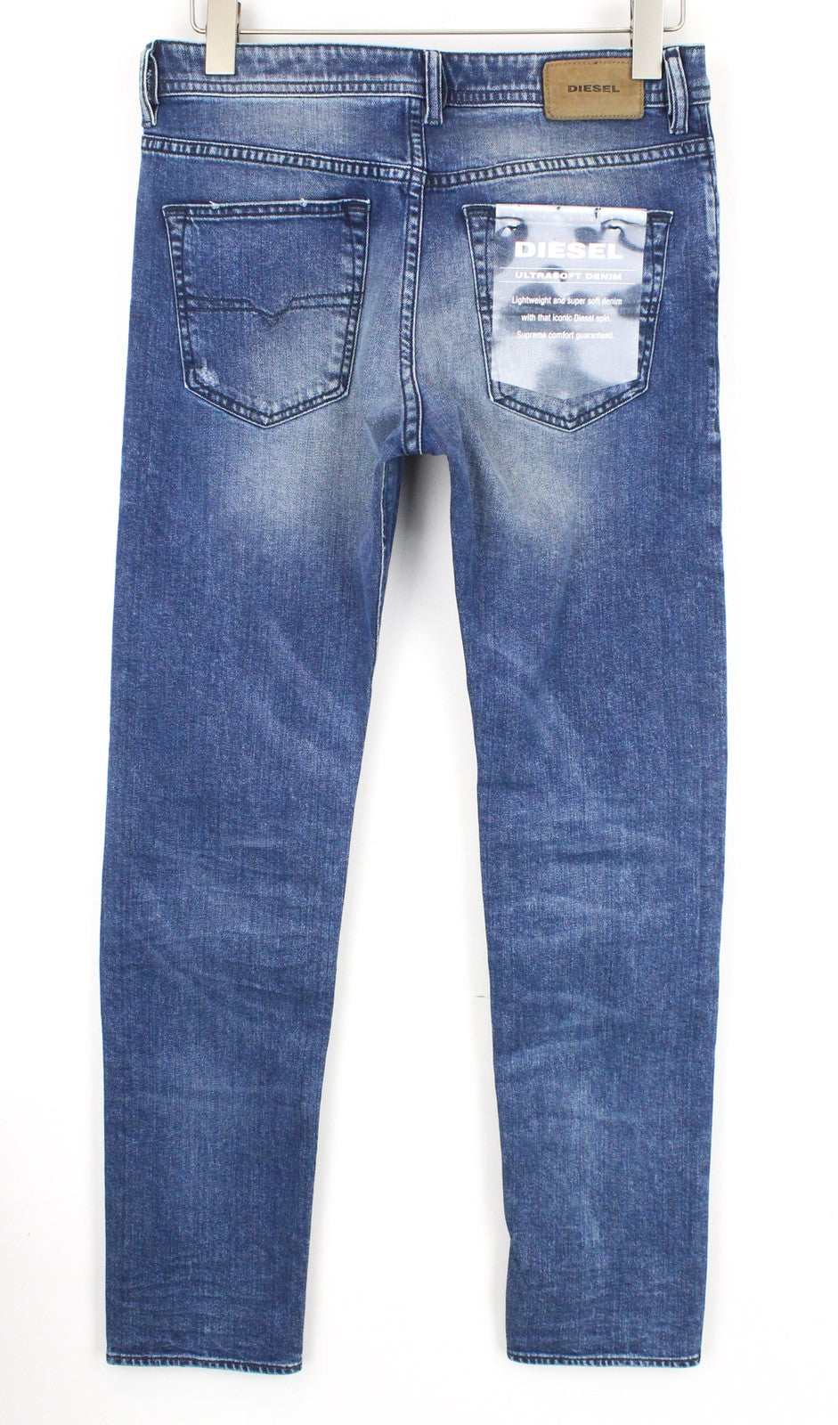 DIESEL Buster 081AQ vyriški mėlyni, siaurėjantys, plėšyti medvilniniai tamprūs džinsai W28/L32 