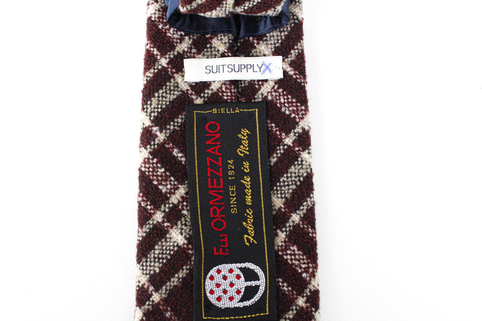 SUITSUPPLY vyriškas kaklaraištis ~150x8cm violetinis vilnos mišinio languotas smailiais galais 