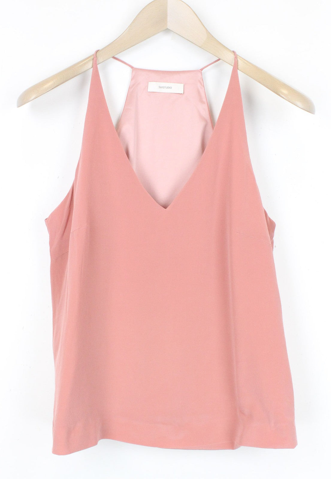 SUISTUDIO Rickie moteriški marškinėliai su rožine V formos iškirpte, gryno šilko vasarine palaidine su dirželiais, dydis UK10 