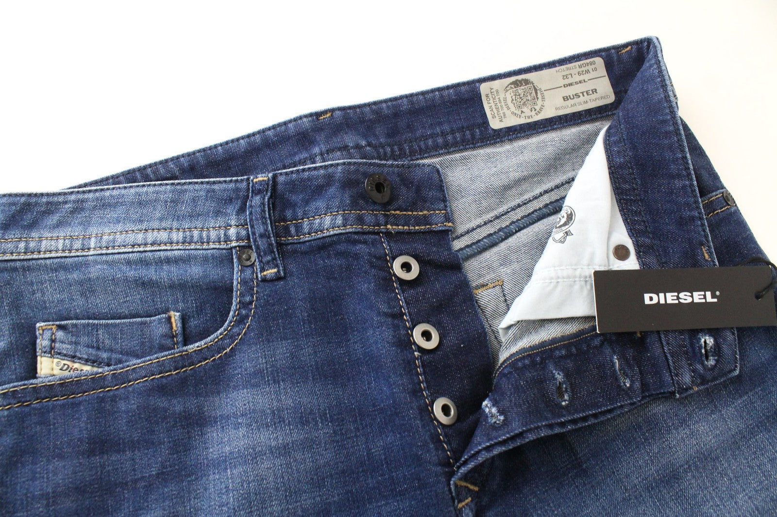 DIESEL Buster 084GR vyriški džinsai W29/L32 mėlyni, siaurėjantys, tamprūs medvilniniai džinsai 