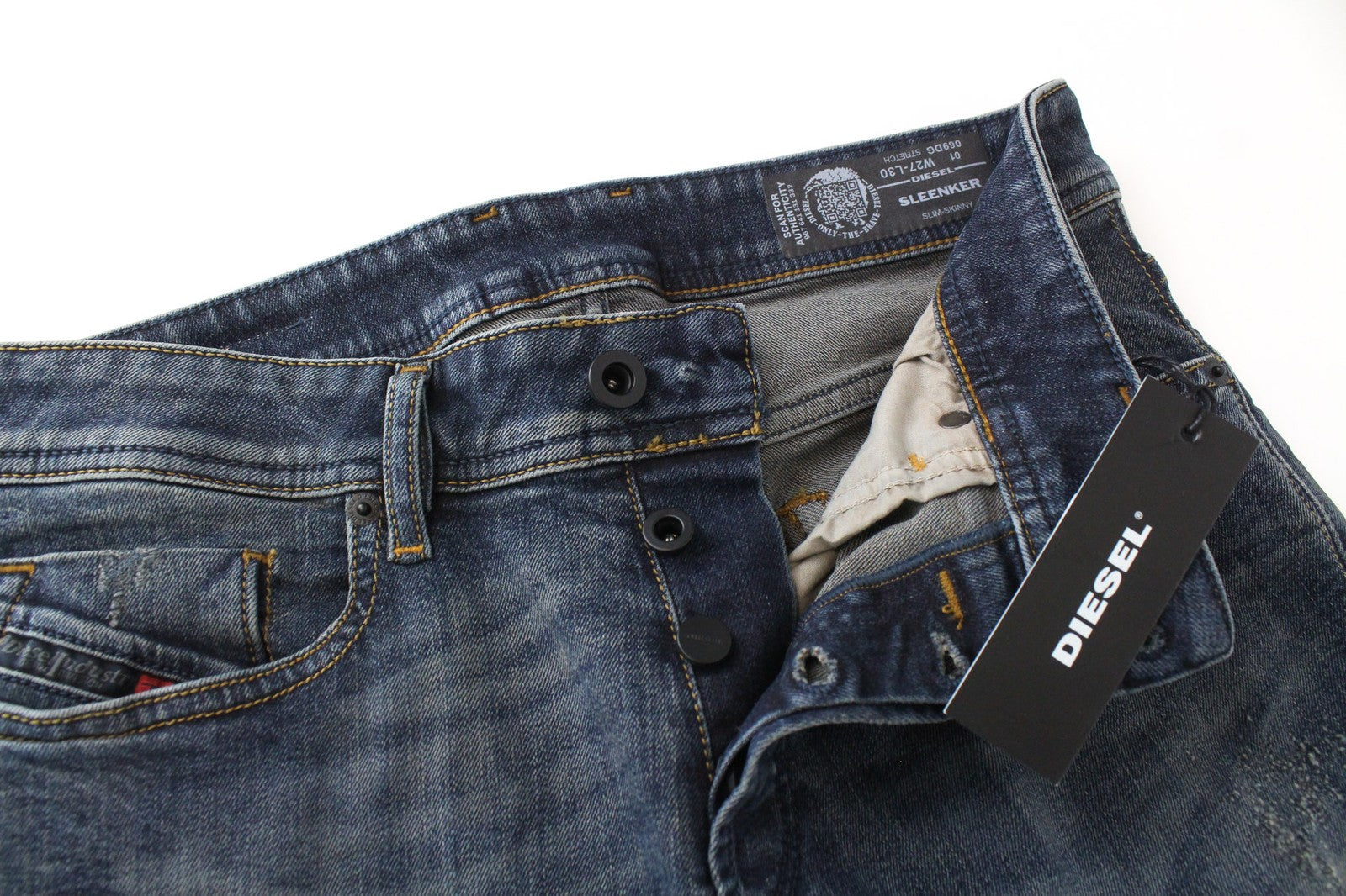 DIESEL Sleenker 069DG vyriški W27/L30 dirbtinės odos aptempti, tamprūs mėlyni džinsai 