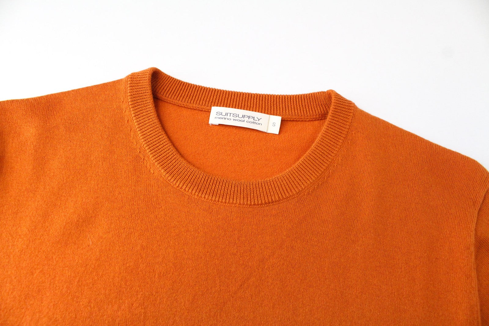 SUITSUPPLY Men T-Shirt S Orange Slim Fit Merino Wool Cotton Blend Crew Knit