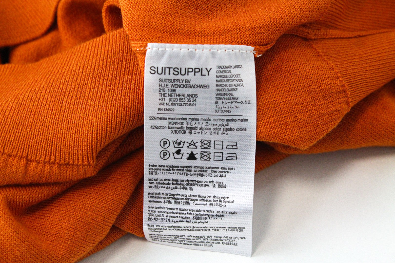SUITSUPPLY Men T-Shirt S Orange Slim Fit Merino Wool Cotton Blend Crew Knit