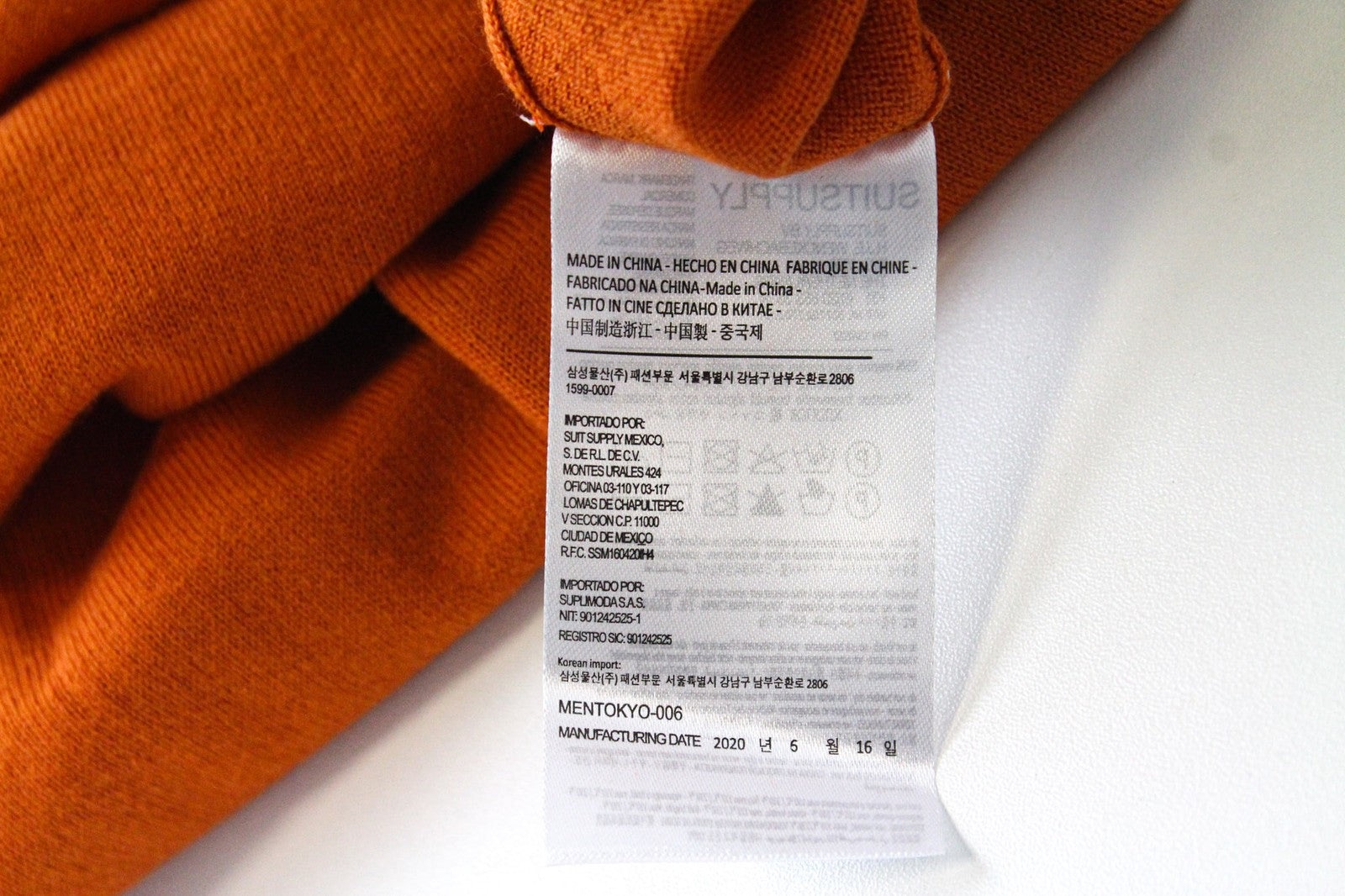 SUITSUPPLY Men T-Shirt S Orange Slim Fit Merino Wool Cotton Blend Crew Knit