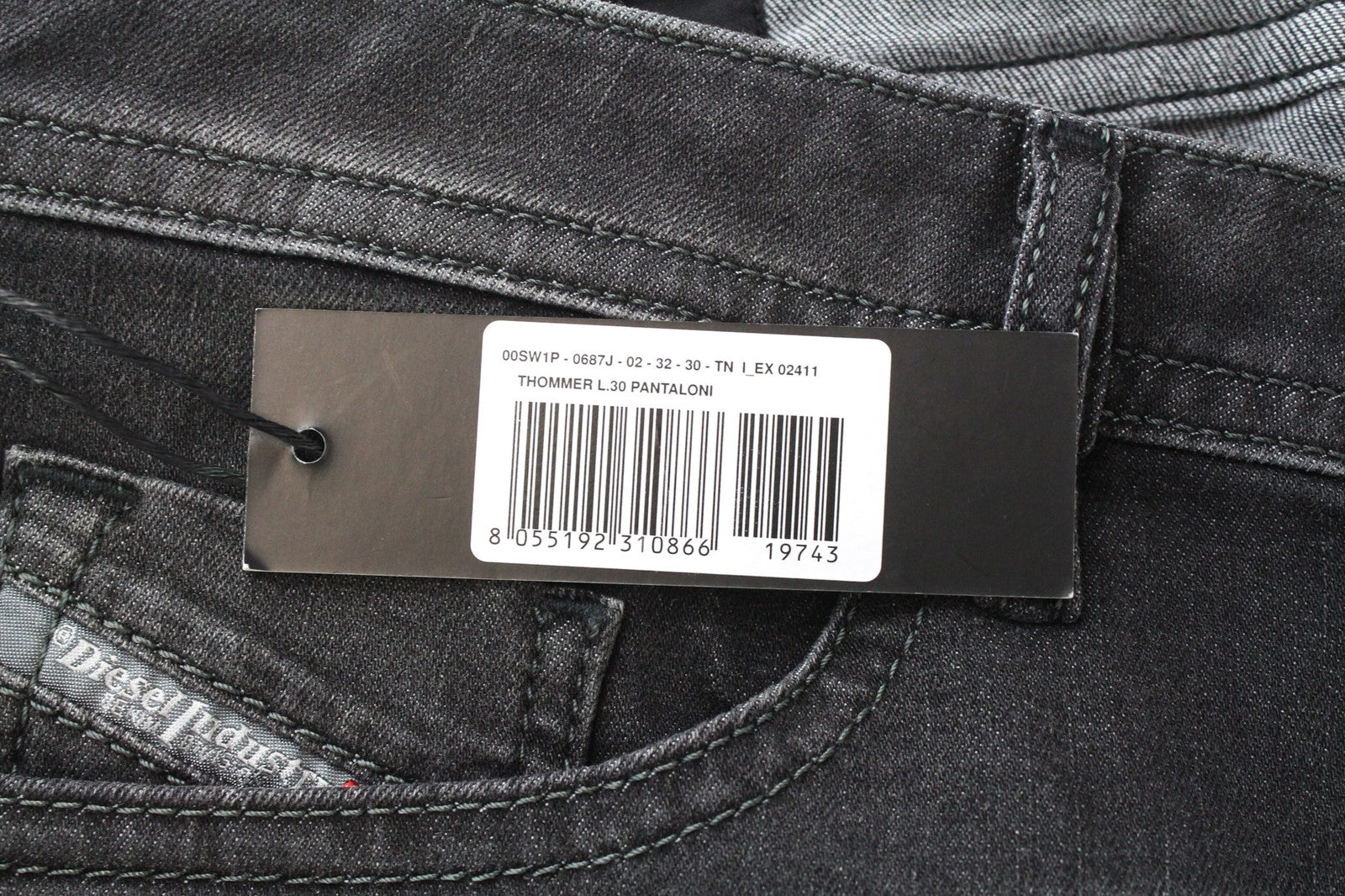 DIESEL Thommer 0687J vyriški džinsai W32/L30 Slim Skinny tamsiai pilki su užtrauktuku ir tampriu gobtuvu 