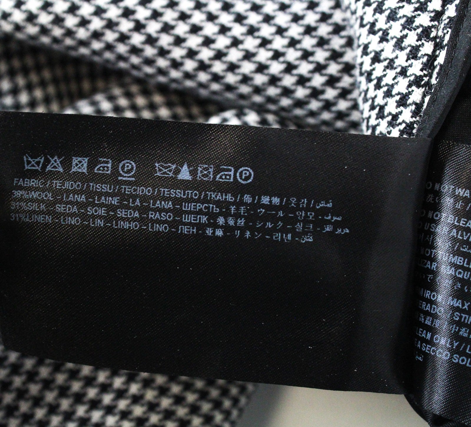 SUISTUDIO pilkos moteriškos kelnės UK8R vilnos, šilko, lino, prigludusios, pilkos, „Houndstooth“ rašto. 