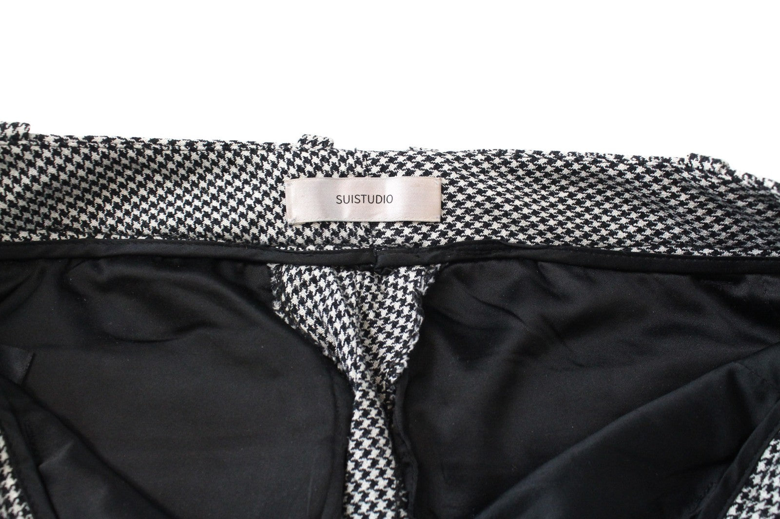 SUISTUDIO pilkos moteriškos kelnės UK8R vilnos, šilko, lino, prigludusios, pilkos, „Houndstooth“ rašto. 
