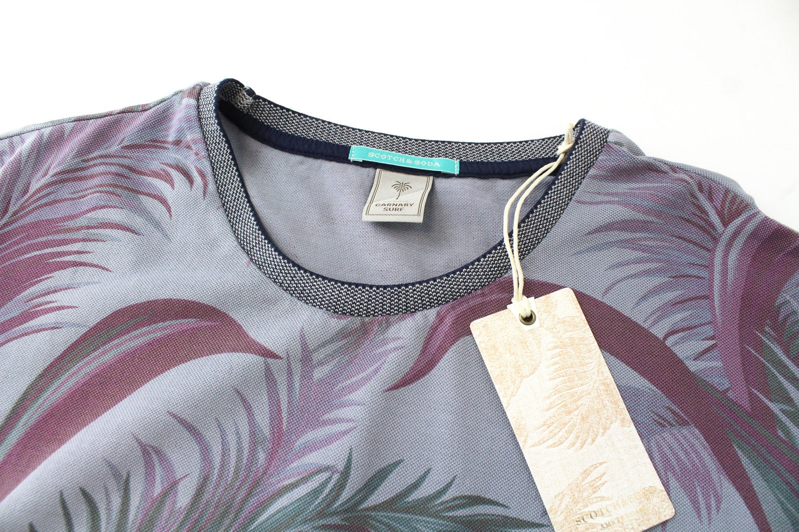 SCOTCH & SODA Men T-Shirt ~S/M Grey Bluish Leaf Pattern Short Sleeved Twill