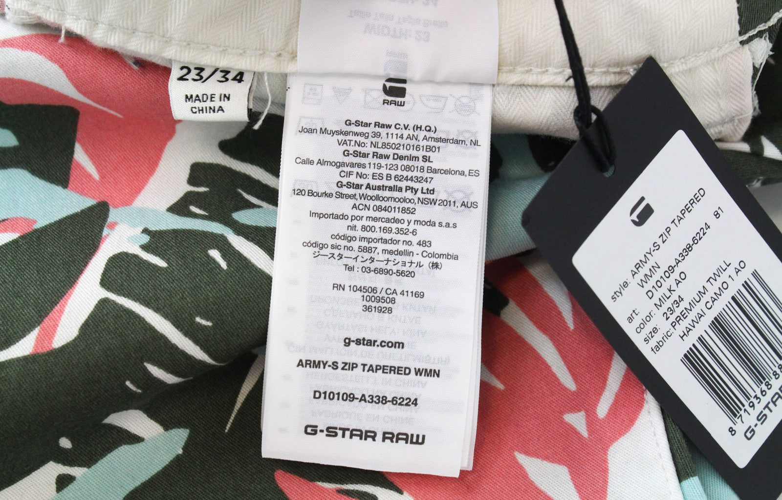 G-STAR RAW Army-S moteriškos kelnės W23/L34 baltos medvilninės siaurėjančios kelnės su lapų raštu 