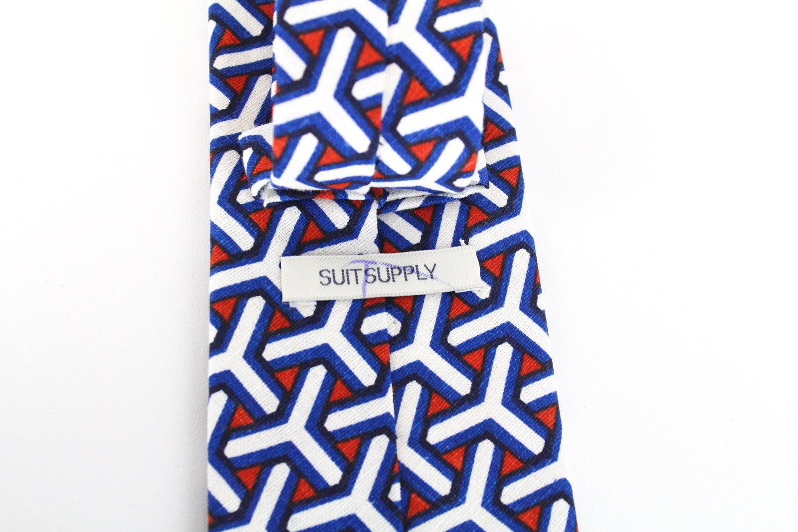 SUITSUPPLY vyriškas kaklaraištis 148 x 8 cm mėlynas lininis medvilnės mišinio raštas smailiais galais 