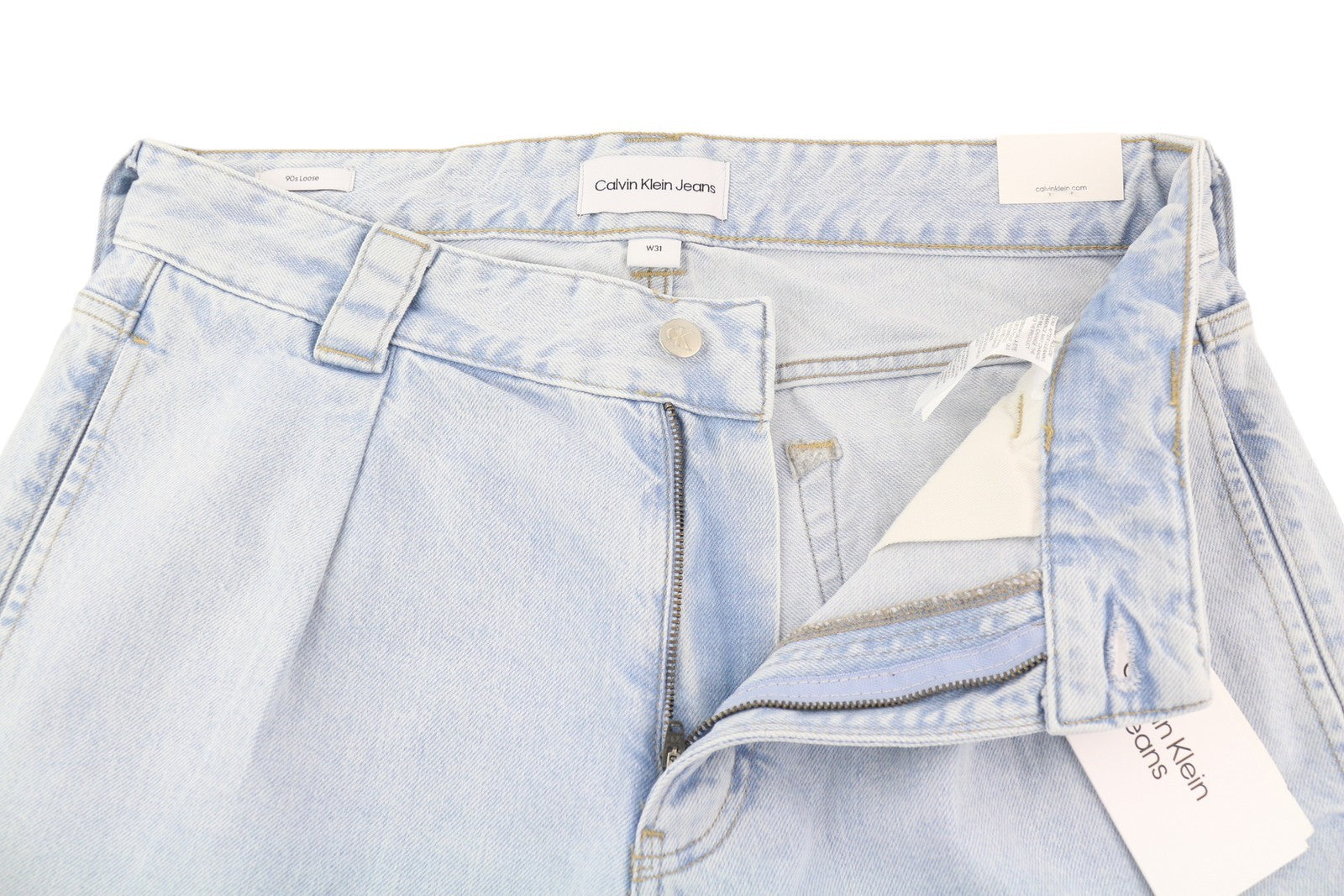 CALVIN KLEIN 90-ųjų laisvi vyriški džinsai W31 šviesiai mėlyni skalbti išblukę plisuoti užtrauktukai 