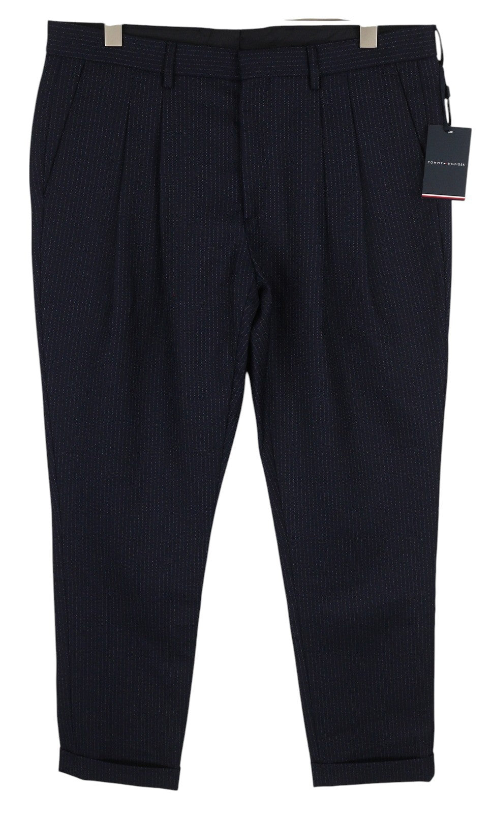 TOMMY HILFIGER Wave Pinstripe vyriškos kelnės W40 mėlynos vilnos mišinio klostuotos, rekomenduojama kaina 169 € 