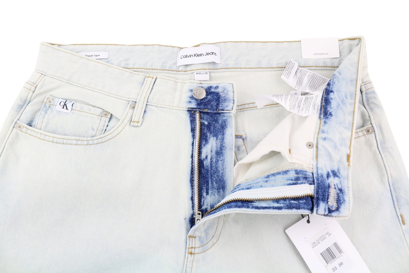 CALVIN KLEIN Regular Taper Men Jeans W33/L30 Light Blue Washed Denim Zip Fly