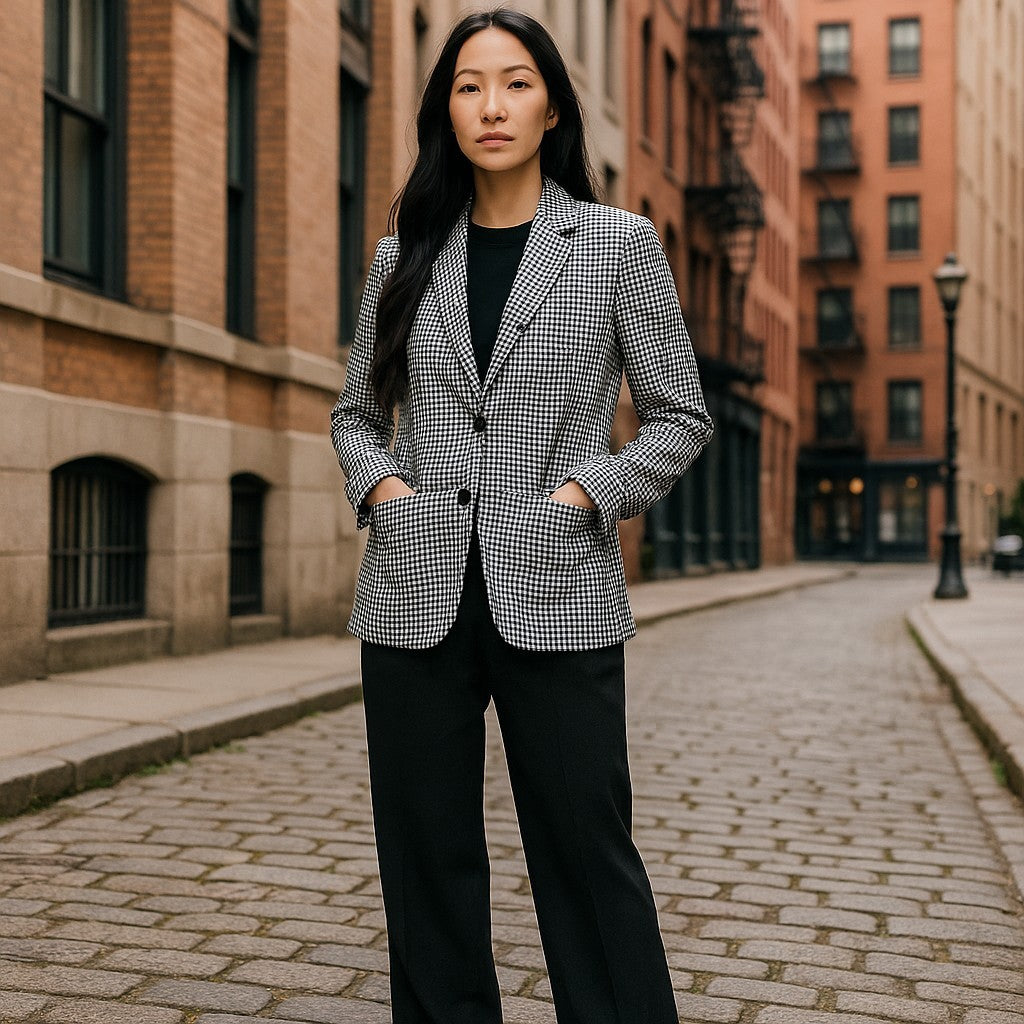 GANT „Gant Gingham Stretch Regular“ moteriškas švarkas, 38 dydžio, mėlynas languotas, vieneilis, išpjova 