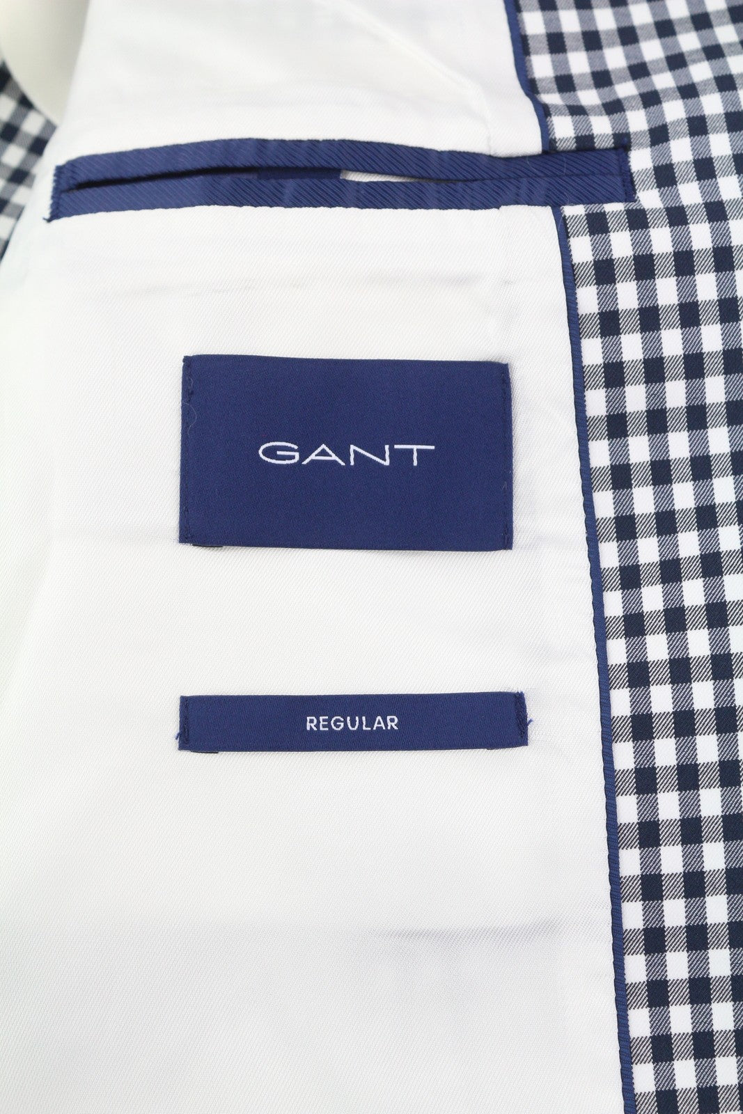 GANT „Gant Gingham Stretch Regular“ moteriškas švarkas, 38 dydžio, mėlynas languotas, vieneilis, išpjova 