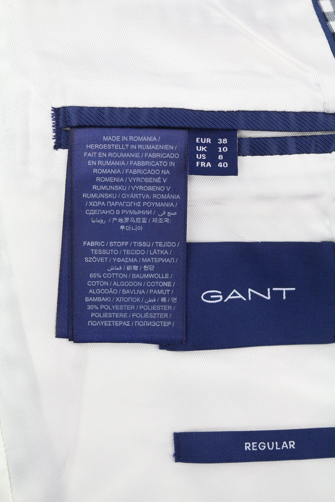 GANT „Gant Gingham Stretch Regular“ moteriškas švarkas, 38 dydžio, mėlynas languotas, vieneilis, išpjova 