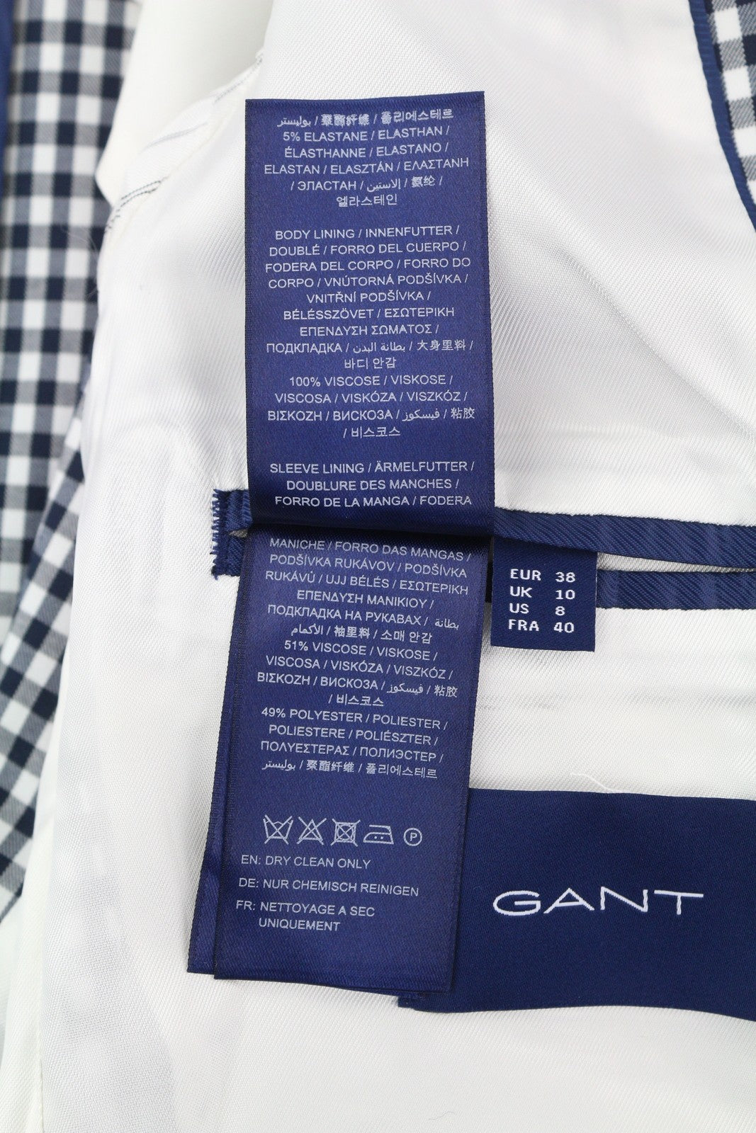 GANT „Gant Gingham Stretch Regular“ moteriškas švarkas, 38 dydžio, mėlynas languotas, vieneilis, išpjova 