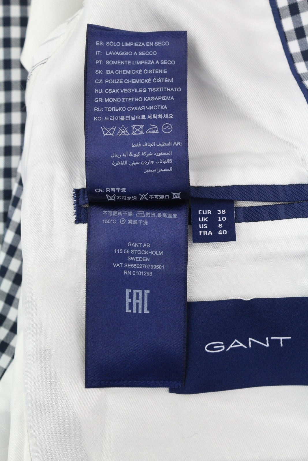 GANT „Gant Gingham Stretch Regular“ moteriškas švarkas, 38 dydžio, mėlynas languotas, vieneilis, išpjova 