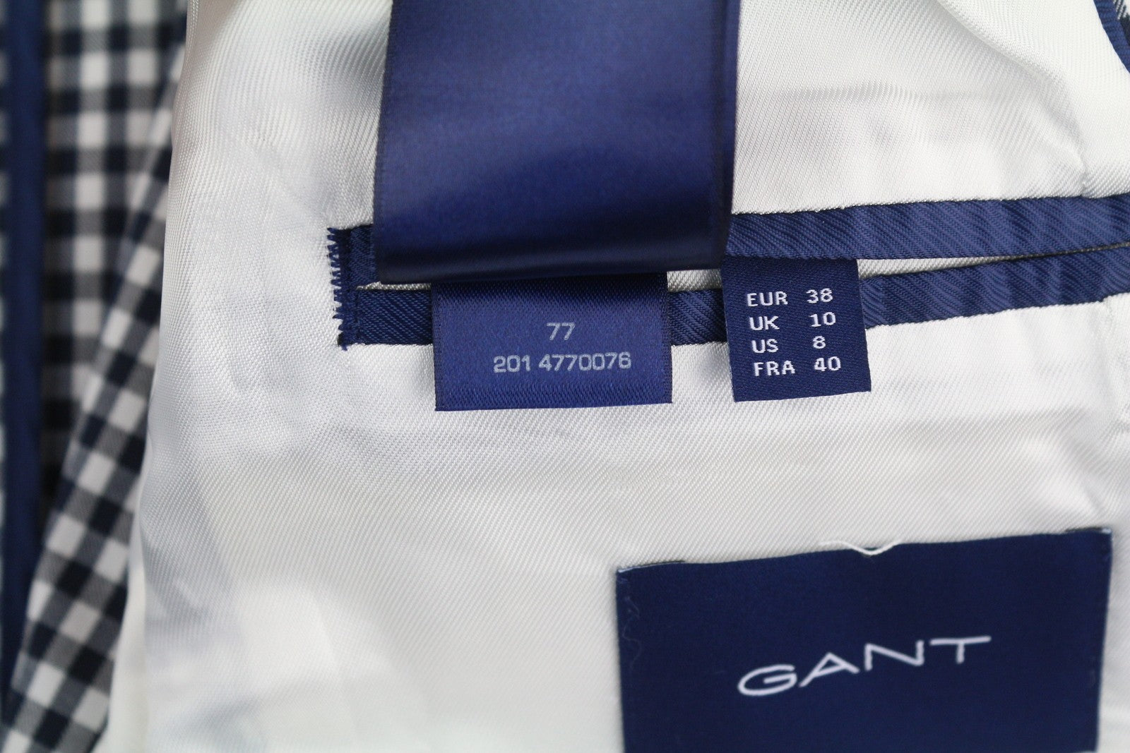 GANT „Gant Gingham Stretch Regular“ moteriškas švarkas, 38 dydžio, mėlynas languotas, vieneilis, išpjova 