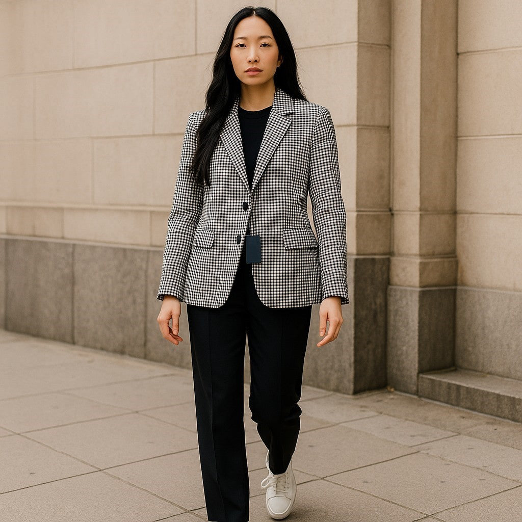 GANT „Gant Gingham Stretch Regular“ moteriškas švarkas, 38 dydžio, mėlynas languotas, vieneilis, išpjova 