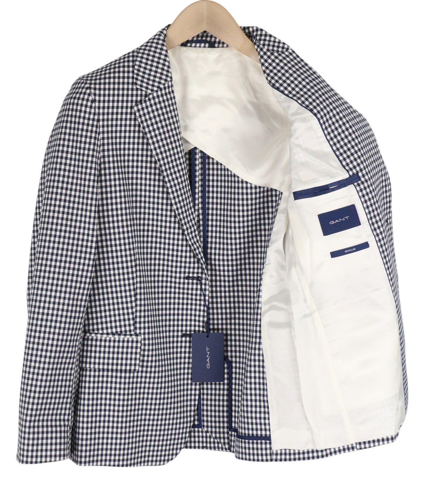 GANT „Gant Gingham Stretch Regular“ moteriškas švarkas, 38 dydžio, mėlynas languotas, vieneilis, išpjova 