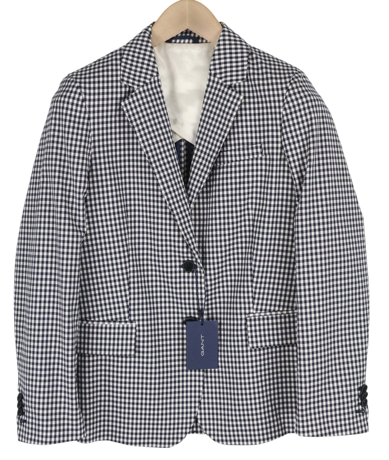 GANT „Gant Gingham Stretch Regular“ moteriškas švarkas, 38 dydžio, mėlynas languotas, vieneilis, išpjova 