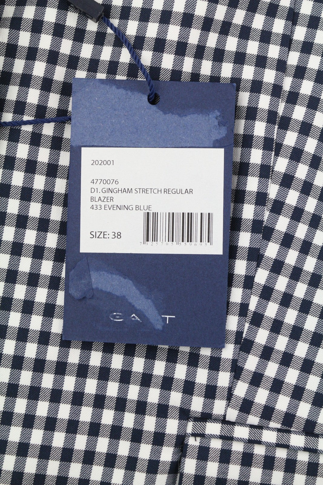 GANT „Gant Gingham Stretch Regular“ moteriškas švarkas, 38 dydžio, mėlynas languotas, vieneilis, išpjova 