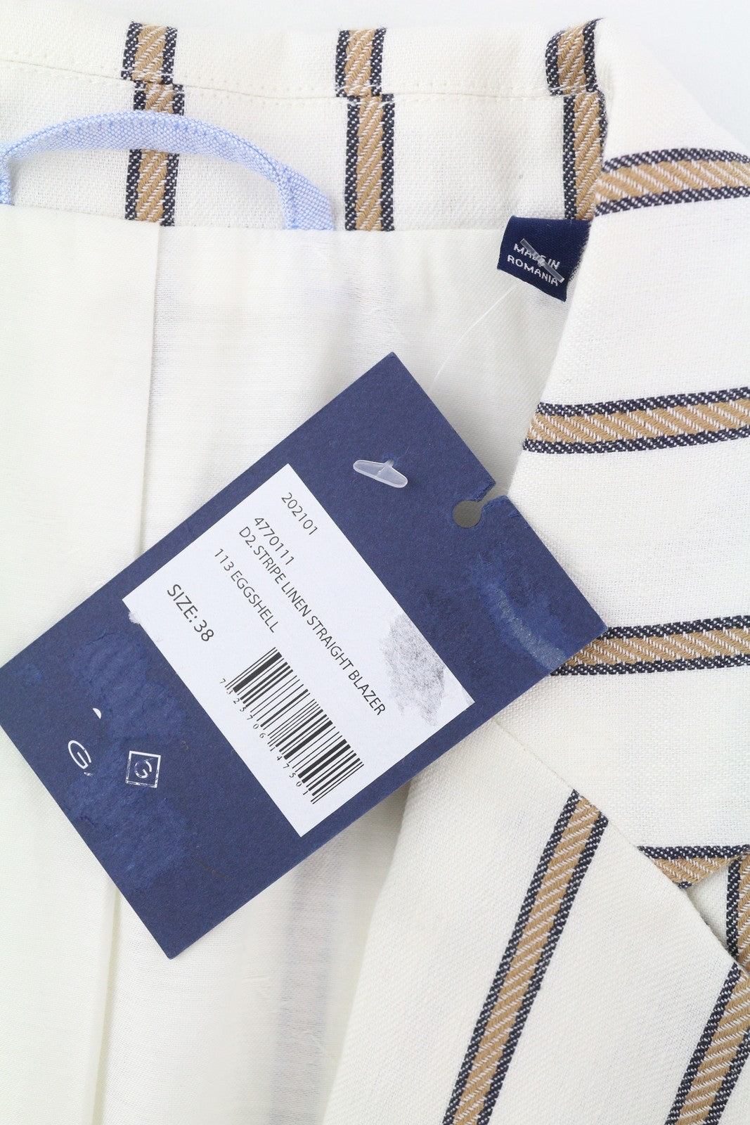 GANT dryžuotas lininis tiesus moteriškas švarkas EU38 balkšvas lininio mišinio audinys su įpjova atvarte 