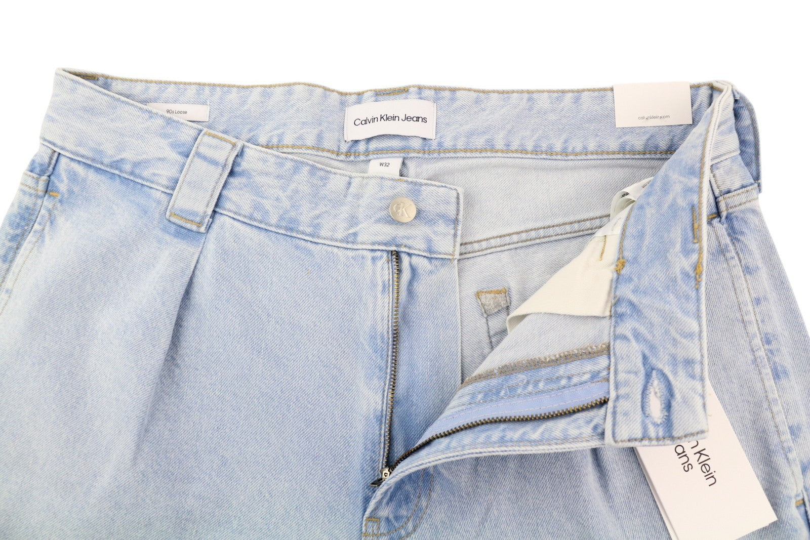 CALVIN KLEIN 90-ųjų laisvi vyriški džinsai W32 šviesiai mėlyni skalbti išblukę plisuoti užtrauktukai 