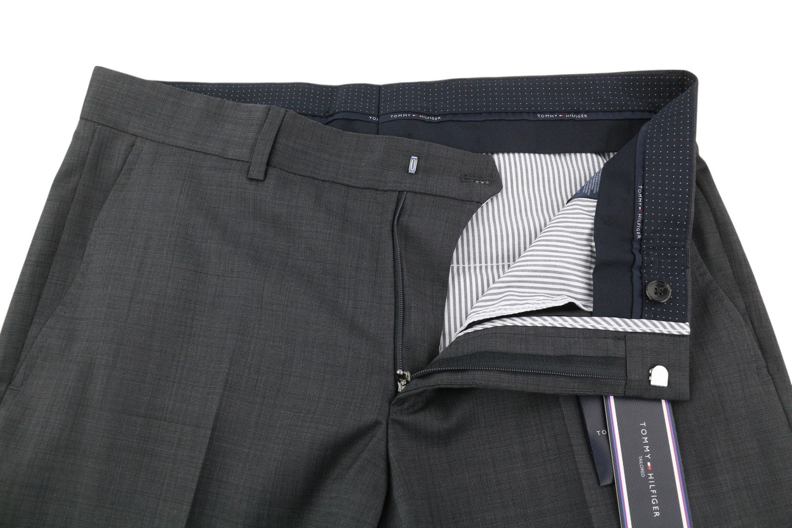 TOMMY HILFIGER Rhames vyriškos kelnės 94 ilgos pilkos vilnos raštuotos siaurėjančios plokščios kelnės 