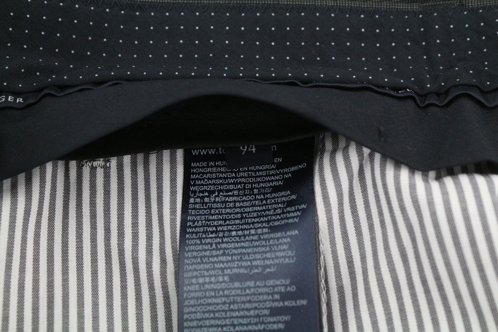 TOMMY HILFIGER Rhames vyriškos kelnės 94 ilgos pilkos vilnos raštuotos siaurėjančios plokščios kelnės 