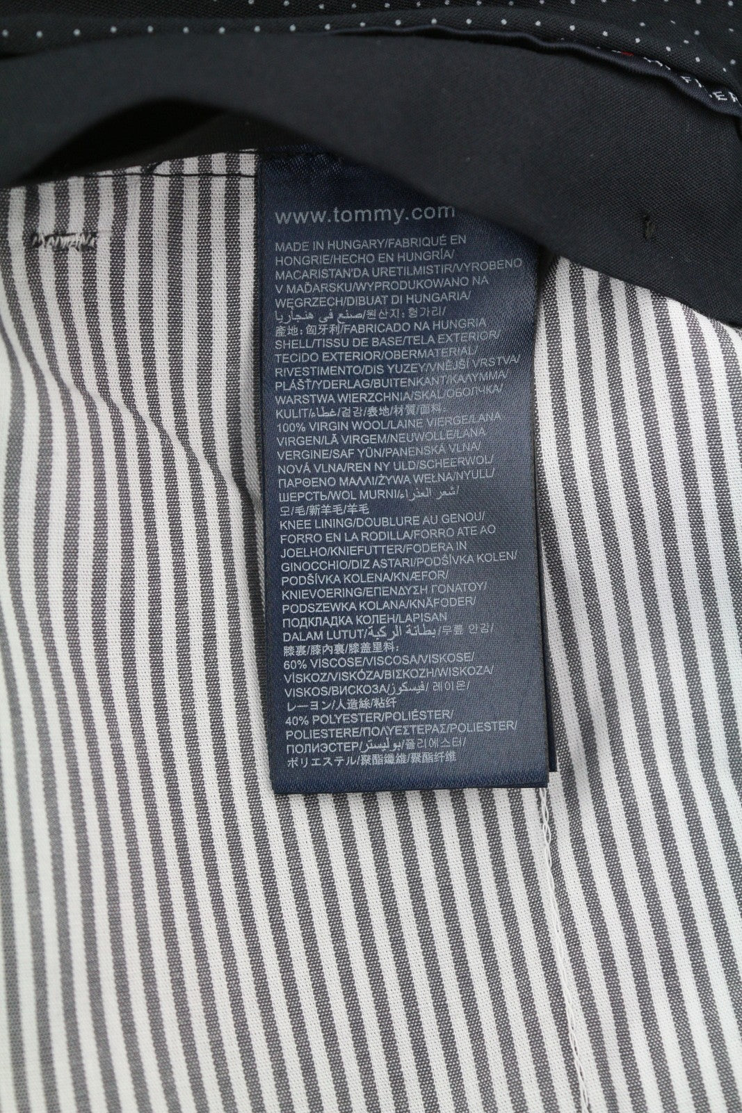 TOMMY HILFIGER Rhames vyriškos kelnės 94 ilgos pilkos vilnos raštuotos siaurėjančios plokščios kelnės 