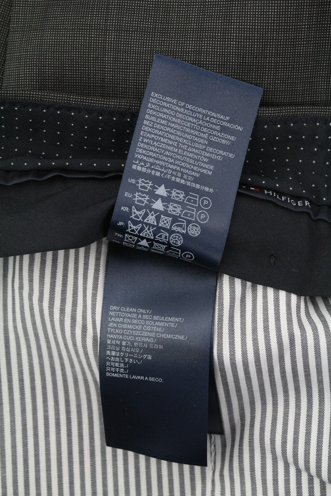 TOMMY HILFIGER Rhames vyriškos kelnės 94 ilgos pilkos vilnos raštuotos siaurėjančios plokščios kelnės 