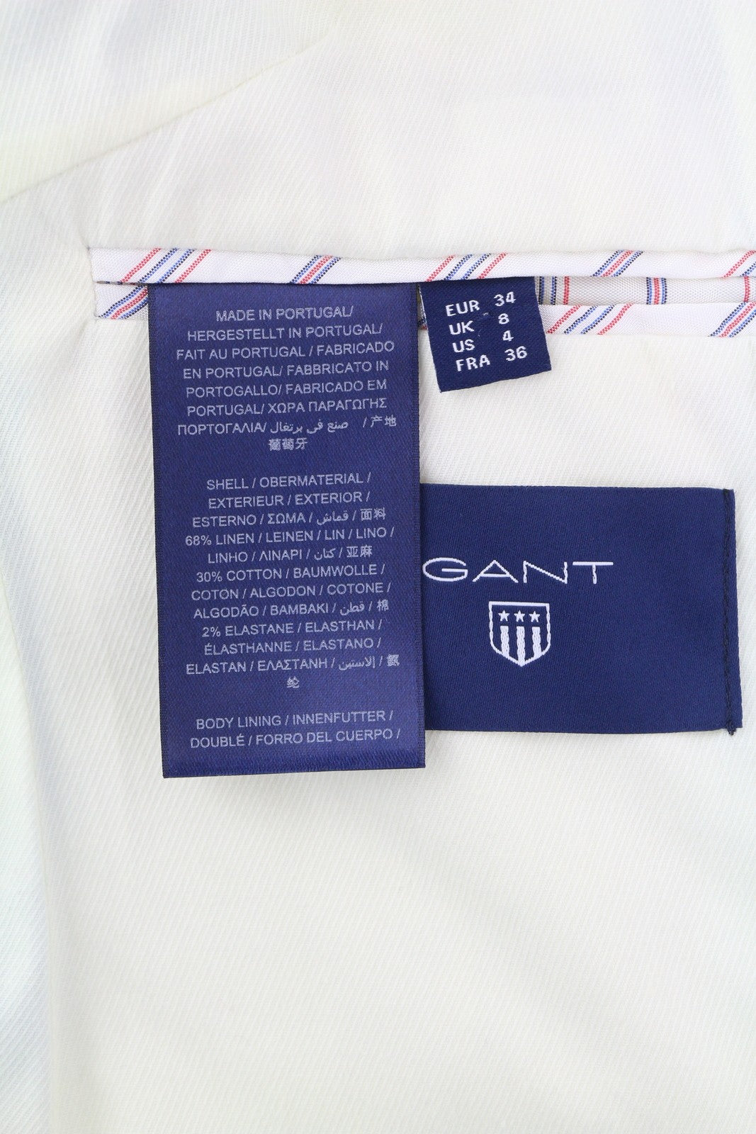 GANT moteriškas švarkas, 34 dydžio, mėlynas lino mišinio švarkas, su įpjovomis atvarte, vienaeilis, laisvalaikio stiliaus, su pamušalu. 