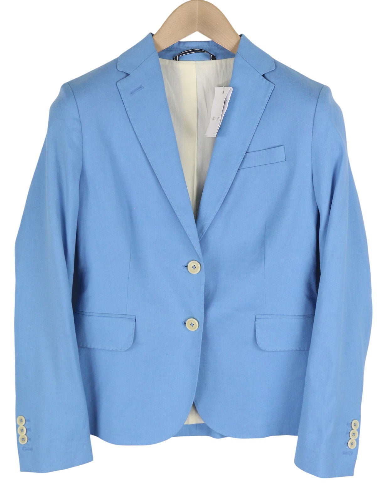 GANT moteriškas švarkas, 34 dydžio, mėlynas lino mišinio švarkas, su įpjovomis atvarte, vienaeilis, laisvalaikio stiliaus, su pamušalu. 