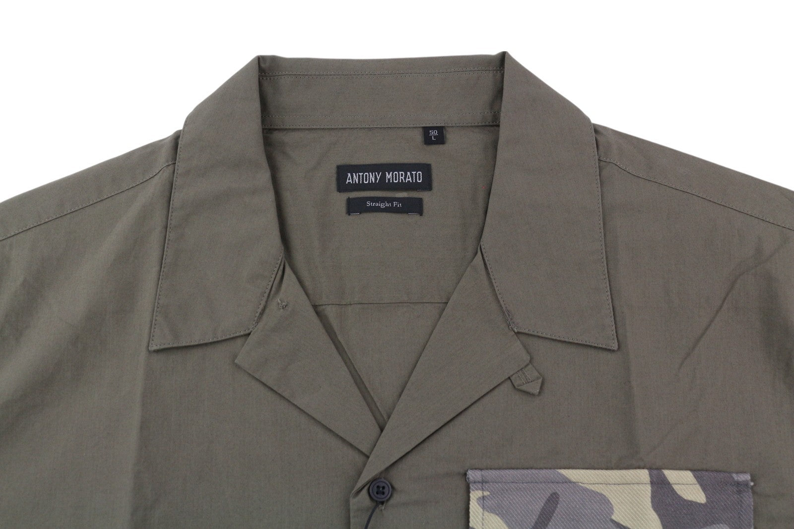 ANTONY MORATO vyriški marškinėliai su tiesaus kirpimo raštu, L dydžio, žali, trumpomis rankovėmis, su sagomis.