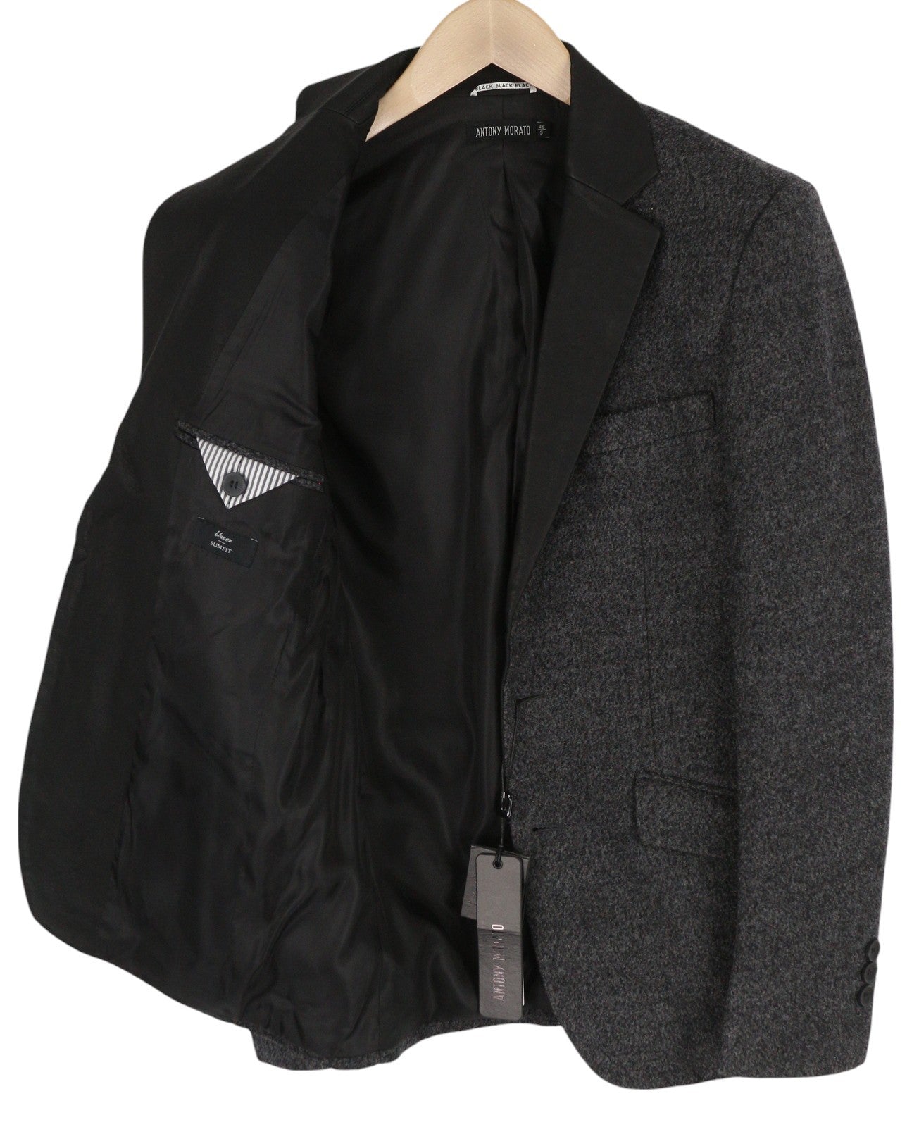 ANTONY MORATO vyriškas švarkas S melanžo pilkas vilnos mišinio plonas kirpimas dengtas įpjova atlape 