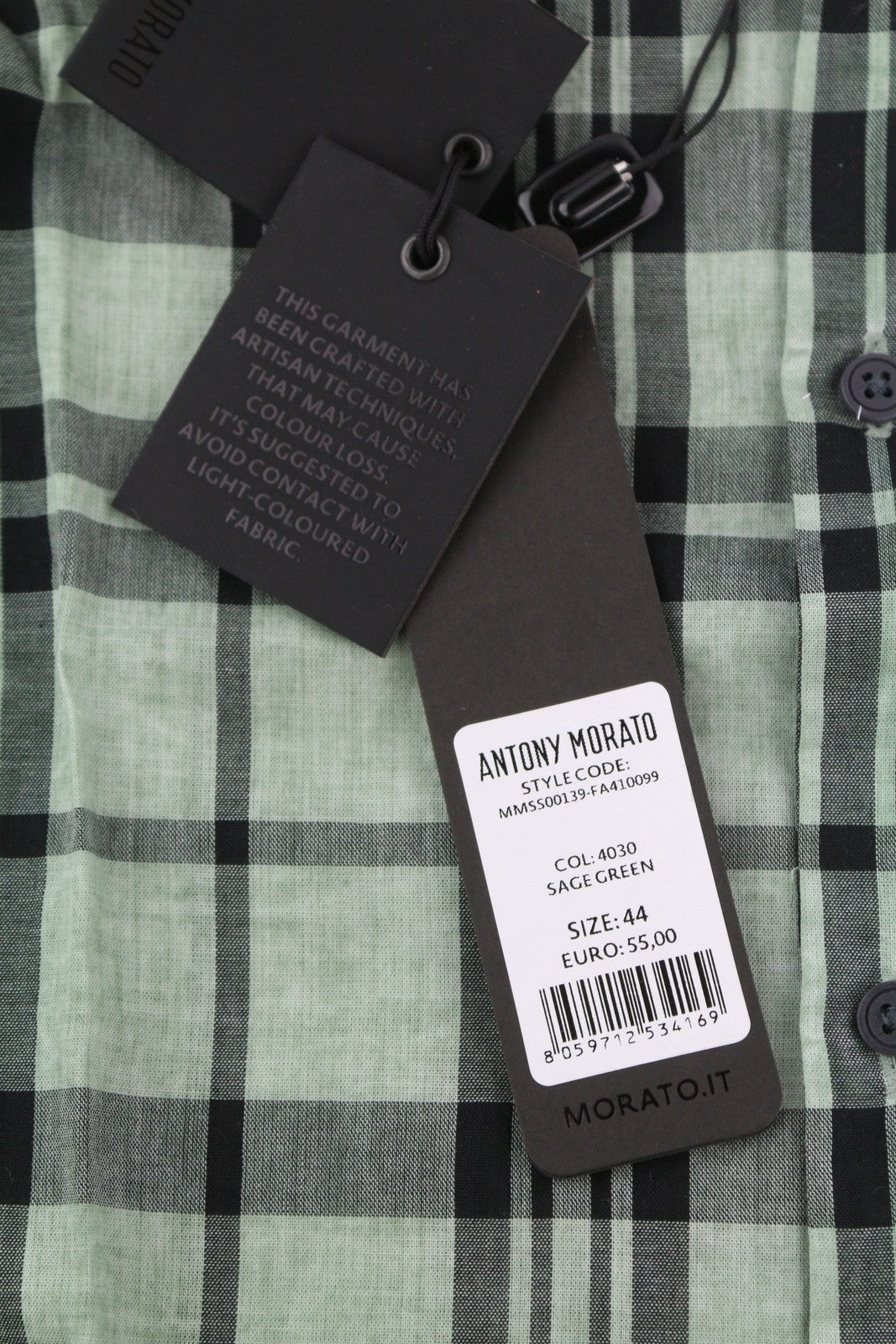 ANTONY MORATO vyriški marškinėliai su tiesaus kirpimo raštu, XS dydžio, žali, languoti, su įpjova ir trumpomis rankovėmis.