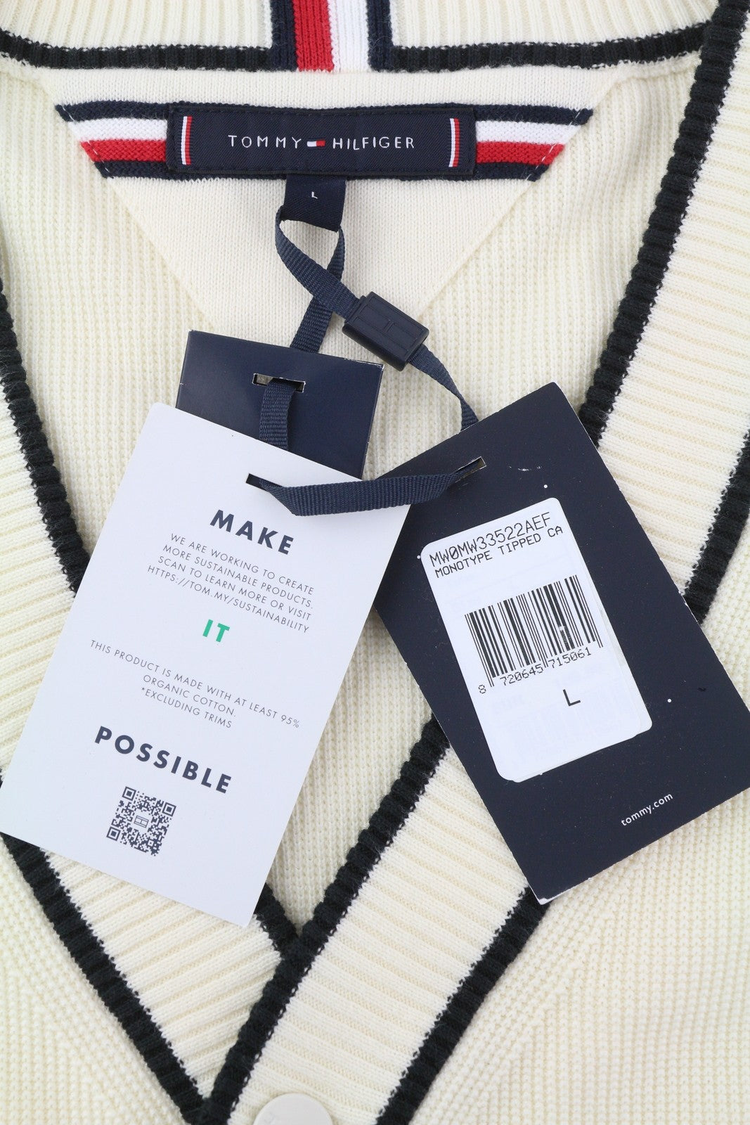 TOMMY HILFIGER Monotype Tipped vyriškas megztinis L dramblio kaulo spalvos su sagomis ir tvirtu megztu kardiganu 