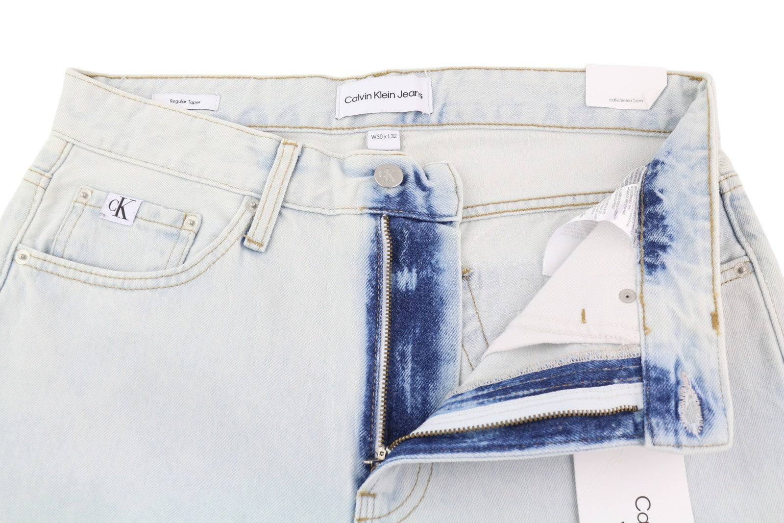CALVIN KLEIN Regular Taper Men Jeans W30/L32 Light Blue Washed Denim Zip Fly